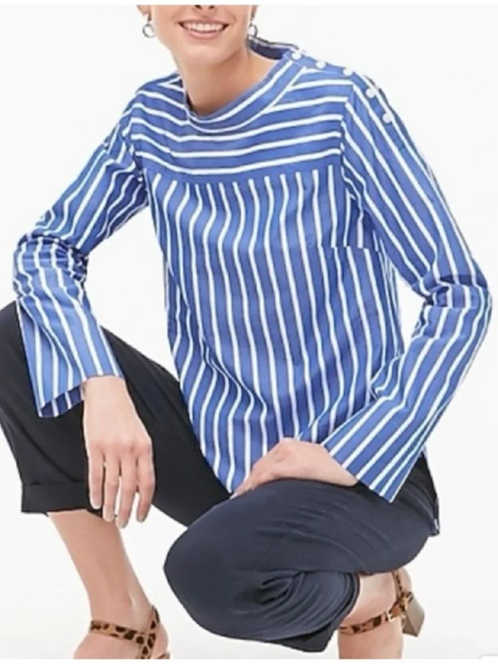 J. Crew Blue White Striped Cotton Blouse Top Button Shoulder High Low Hem 4